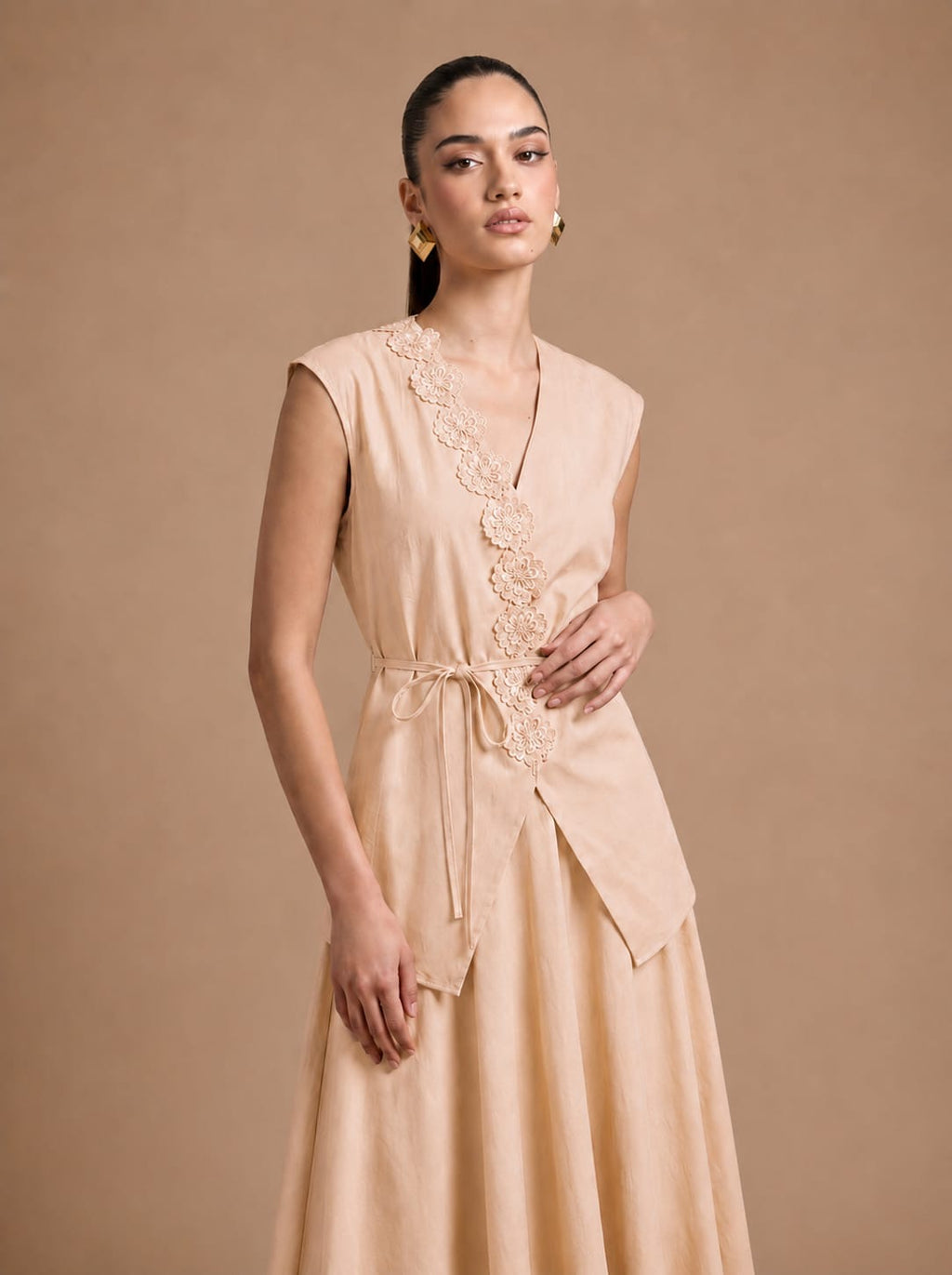 Scalloped Lace Wrap Top & Pleated Midi Skirt PEACH Set