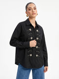 Crystal Floral Embellished Button-Down Black Shirt
