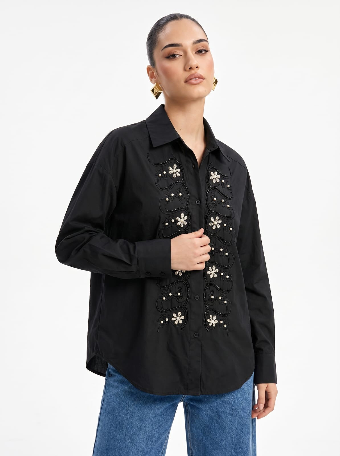 Crystal Floral Embellished Button-Down Black Shirt