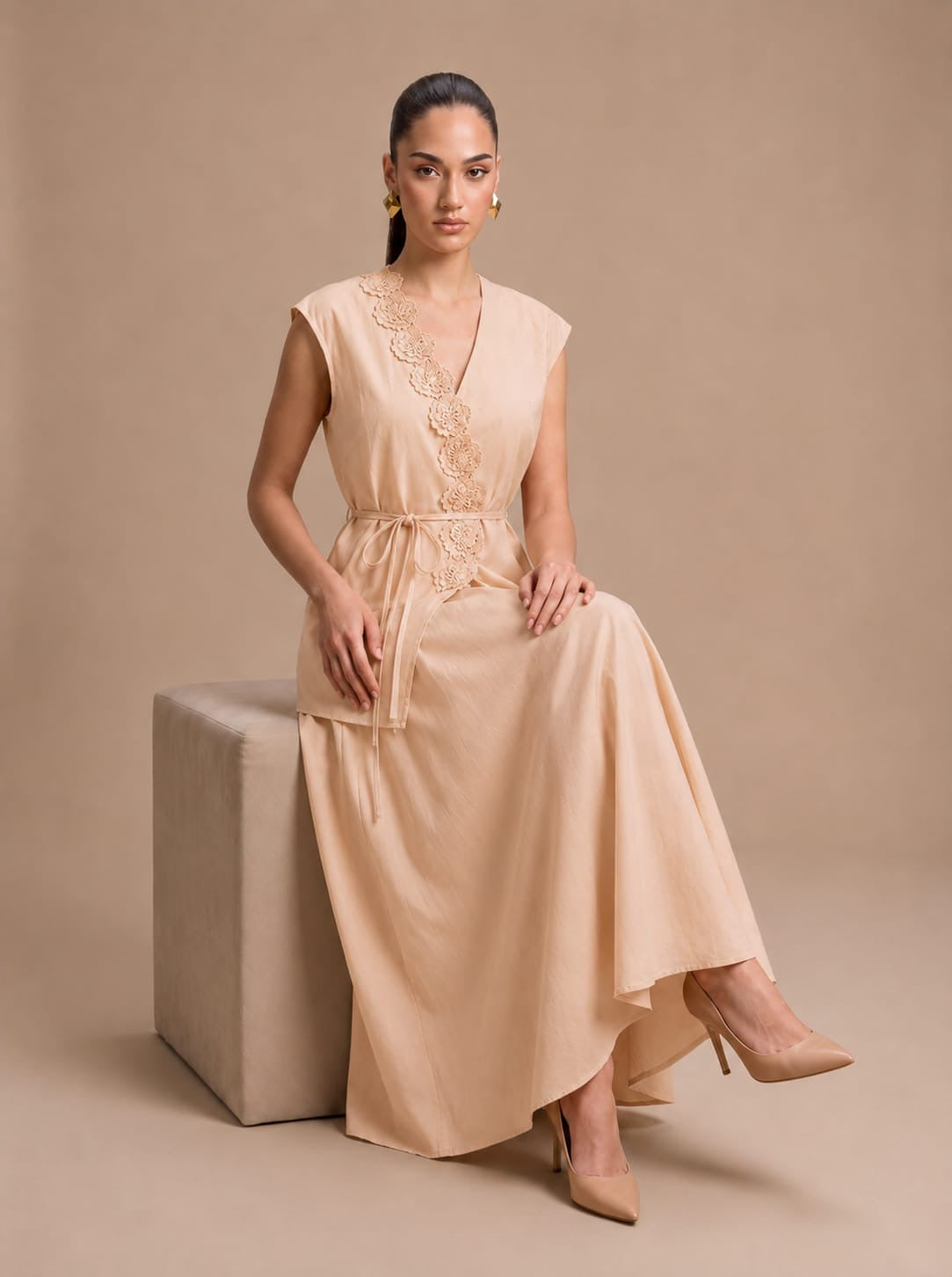 Scalloped Lace Wrap Top & Pleated Midi Skirt PEACH Set