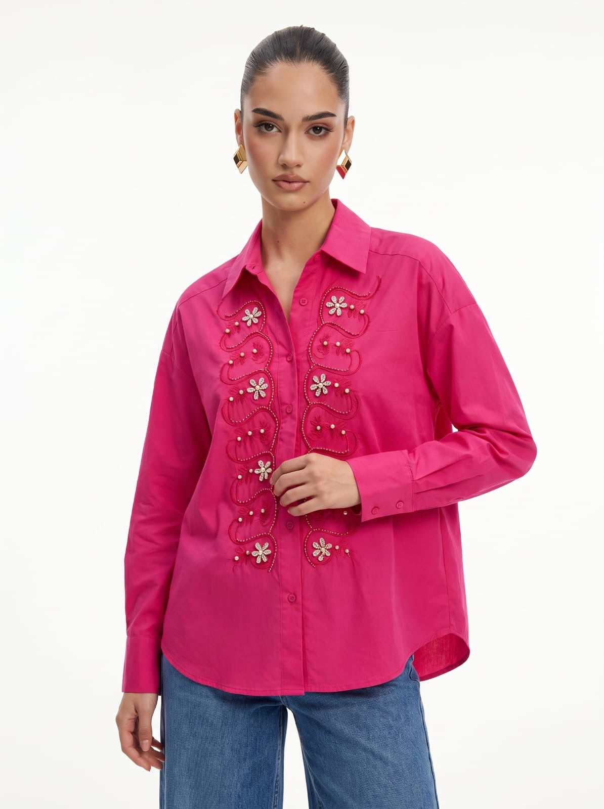 Crystal Floral Embellished Button-Down Rani Pink Shirt