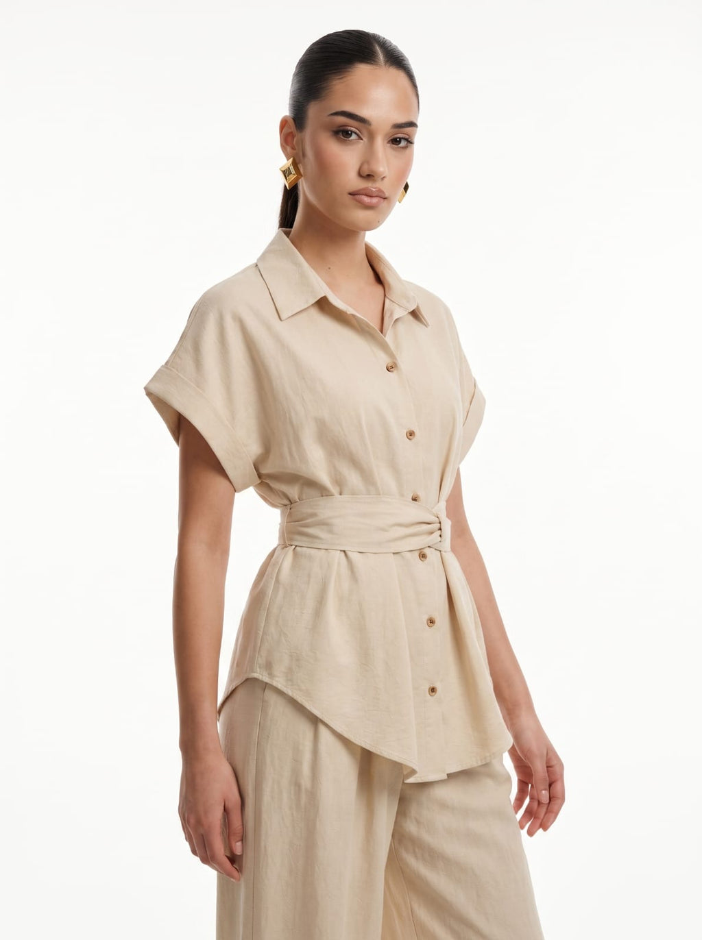 Belted Shirt & Straight Trousers Beige Co-ord Set