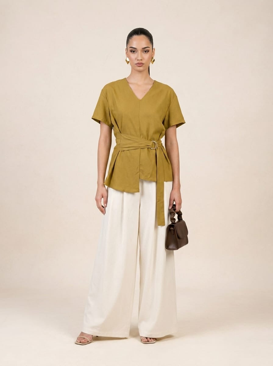 D-Ring Belted mustard Top & Wide-Leg Cream Trousers Set