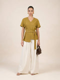 D-Ring Belted mustard Top & Wide-Leg Cream Trousers Set