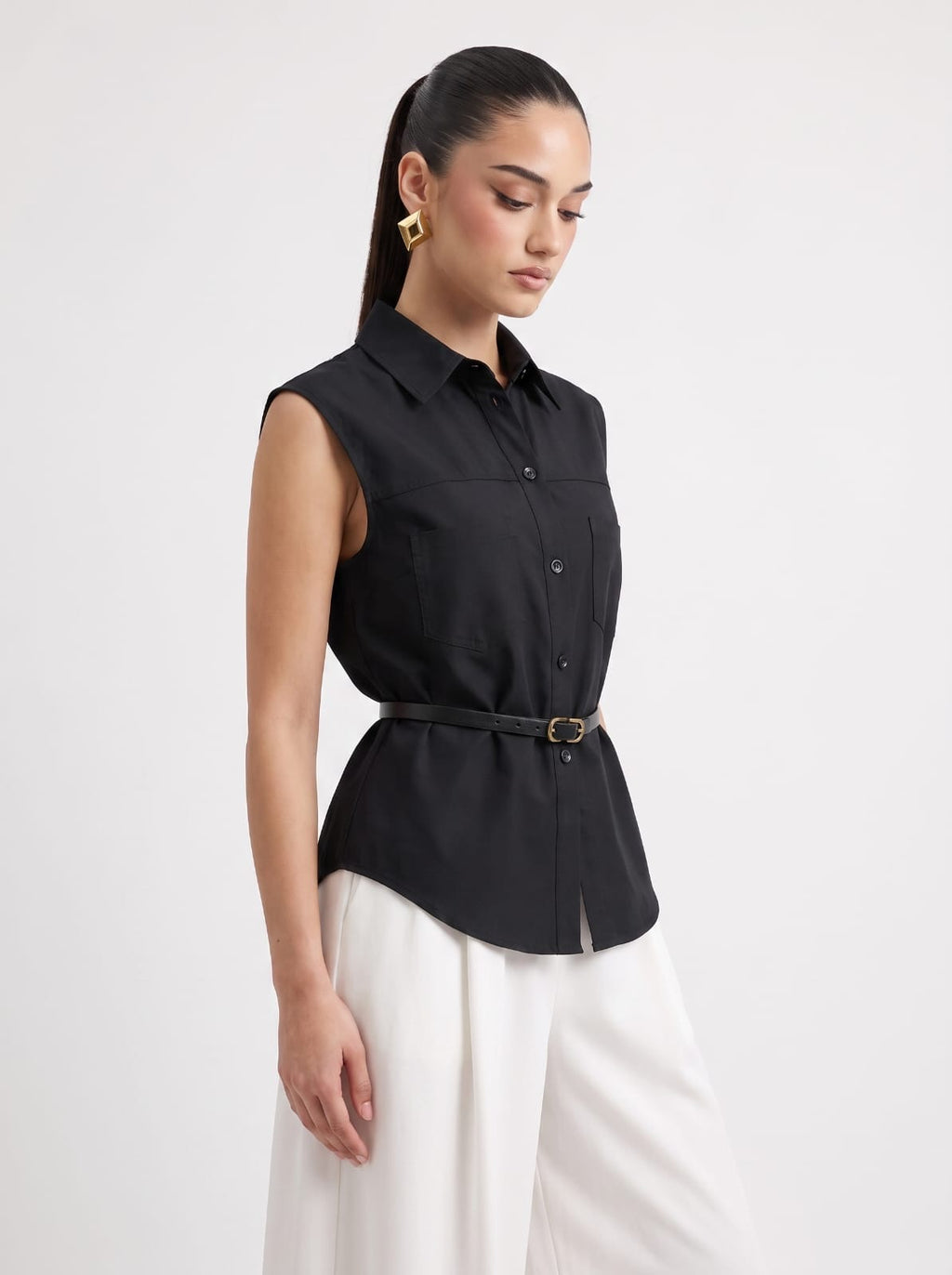 BLACK Linen Sleeveless Shirt & Cream Wide-Leg Satin Trousers Set