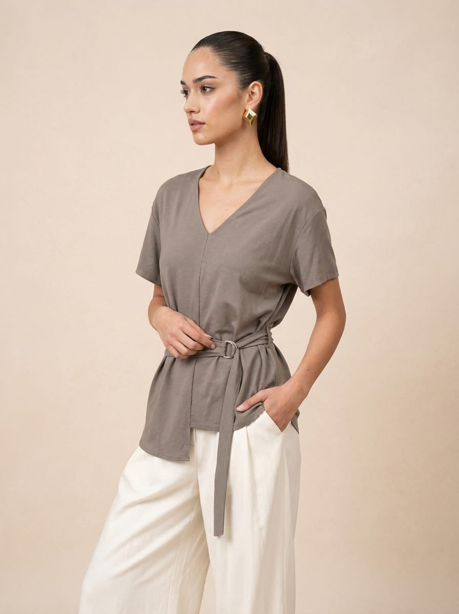 D-Ring Belted gray Top & Wide-Leg Cream Trousers Set