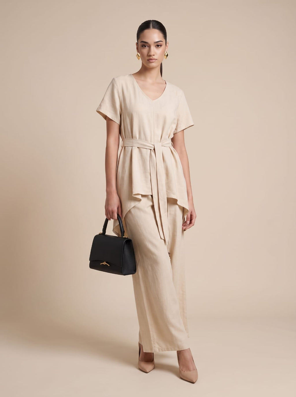 Belted V-Neck Tunic & Wide-Leg Trousers beige Linen Set
