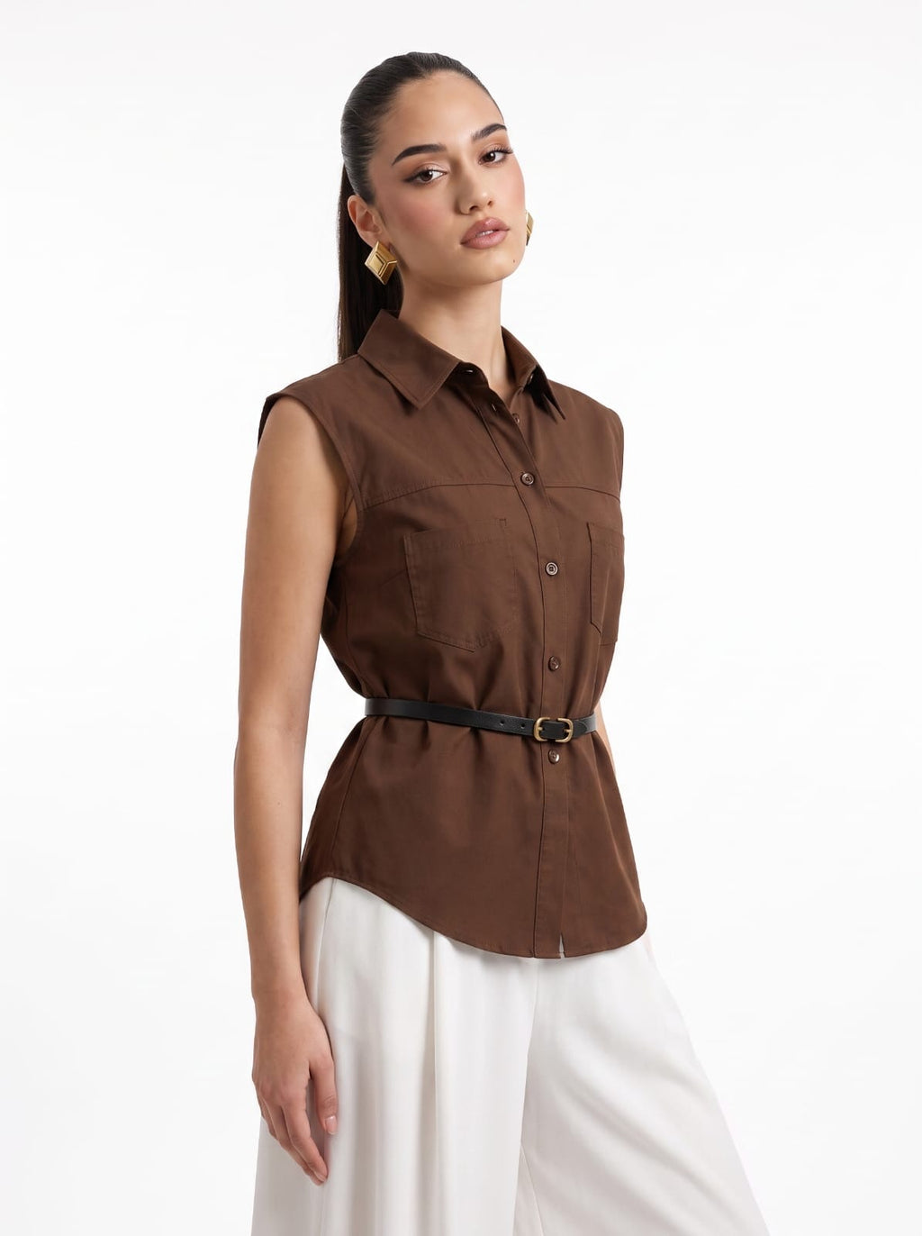 Chocolate Linen Sleeveless Shirt & Cream Wide-Leg Satin Trousers Set