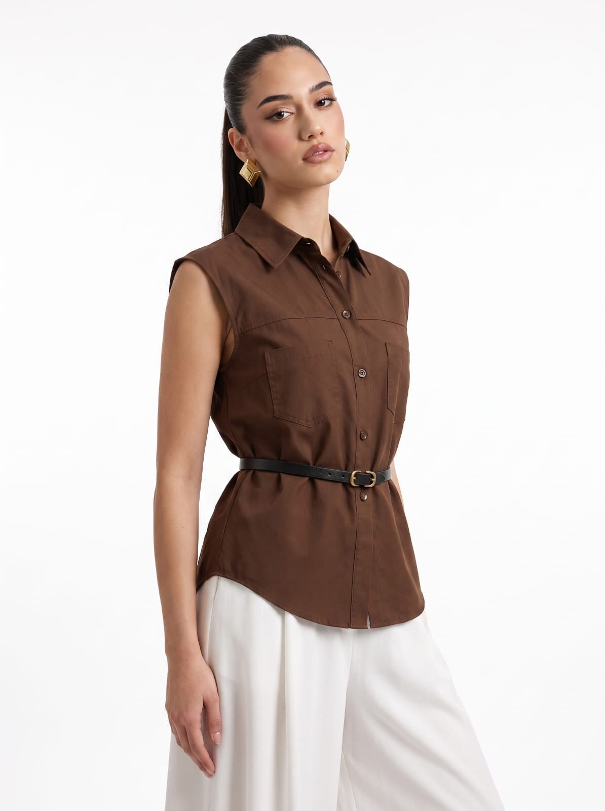 Chocolate Linen Sleeveless Shirt & Cream Wide-Leg Satin Trousers Set