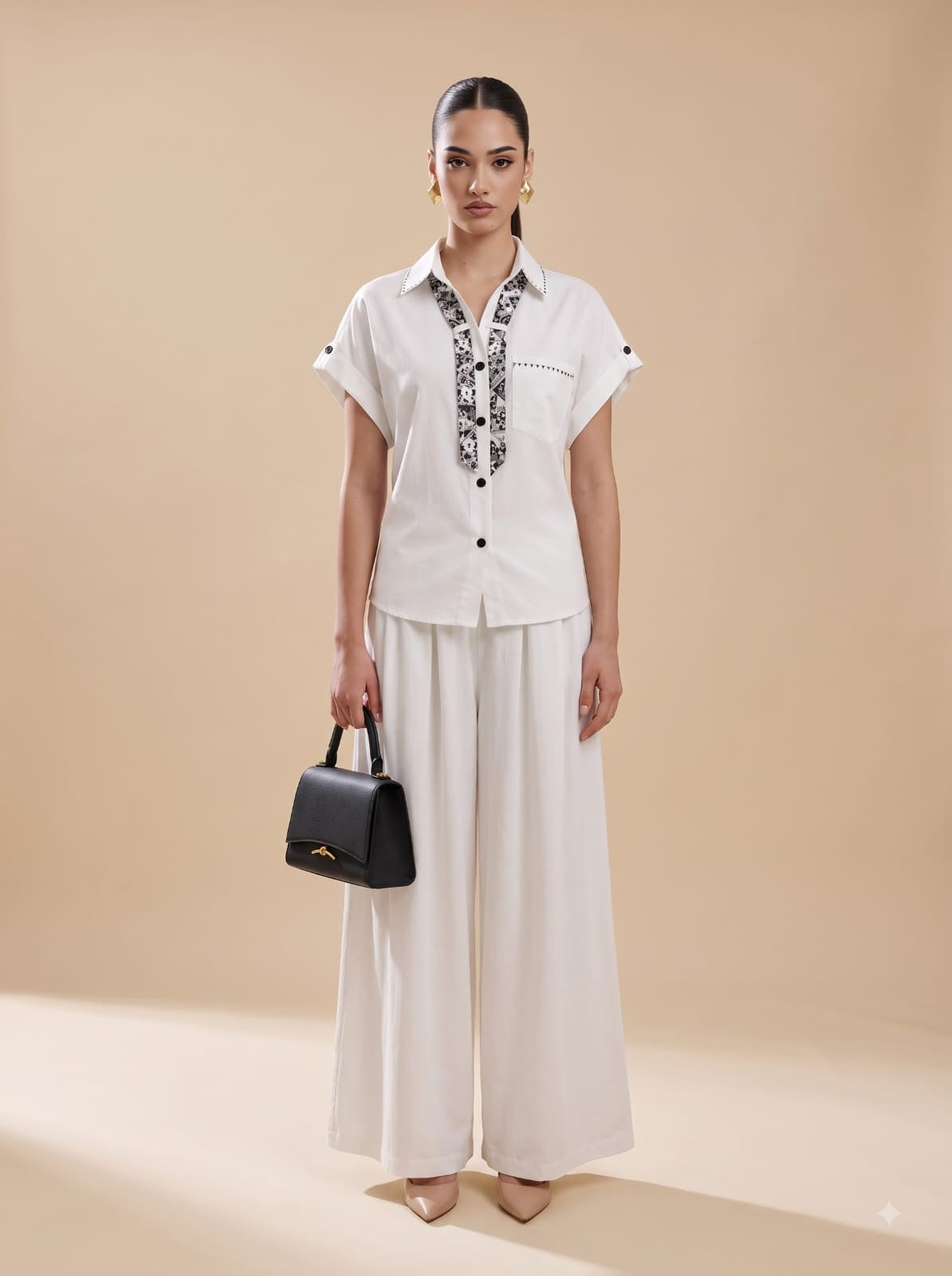 Scarf-Detailed Short-Sleeve Shirt & Wide-Leg Trousers white Co-ord Set