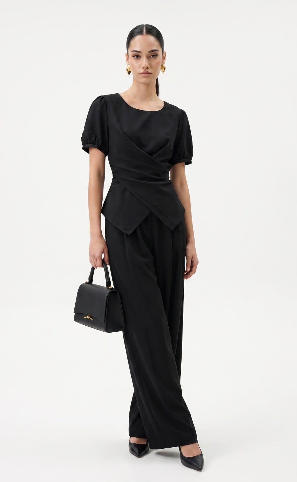 Cross-Front Peplum Top & Wide-Leg Trousers black Co-ord Set