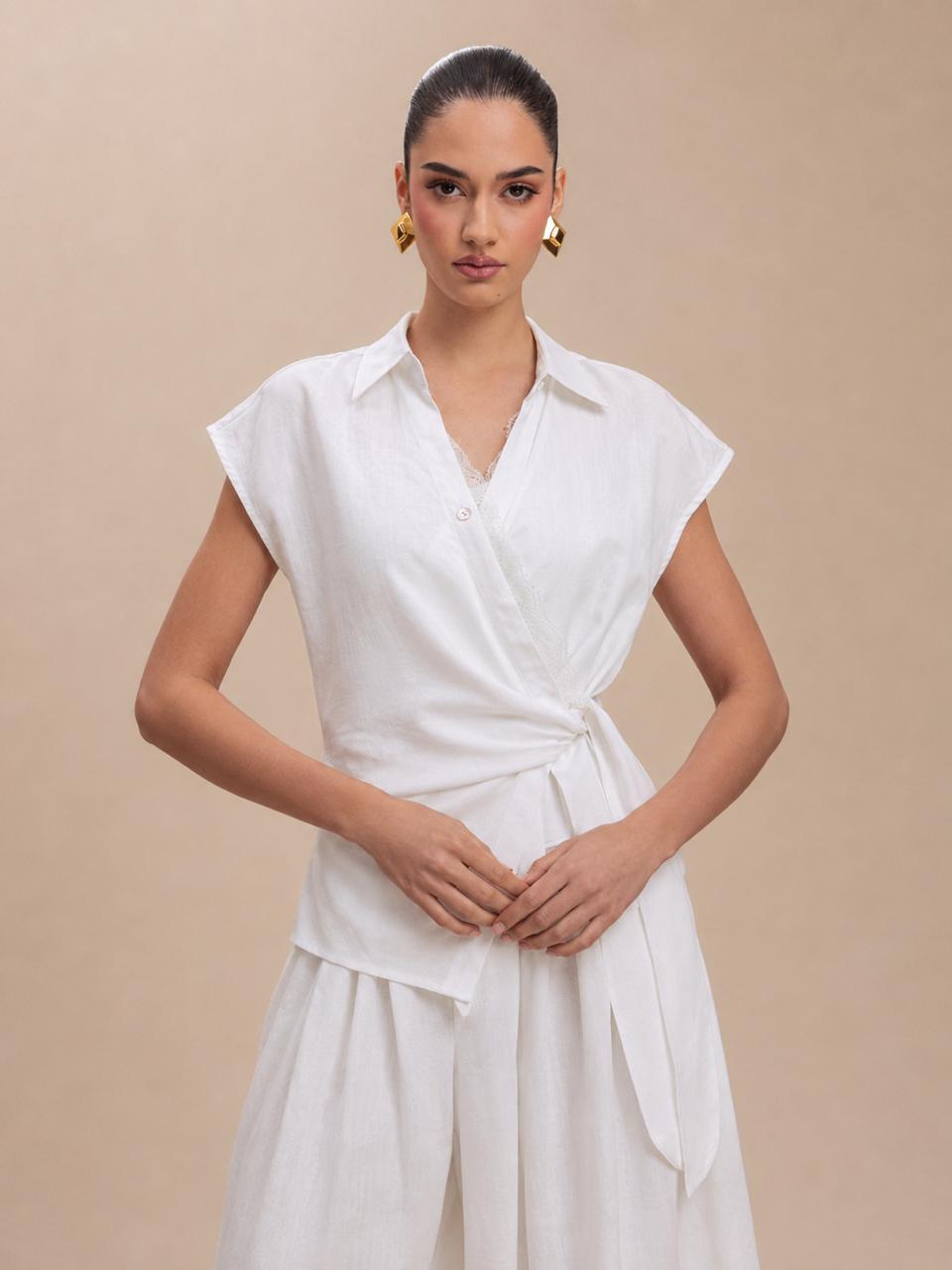 Lace-Trim Side-Tie Wrap Top & Wide-Leg Trousers White Linen Set