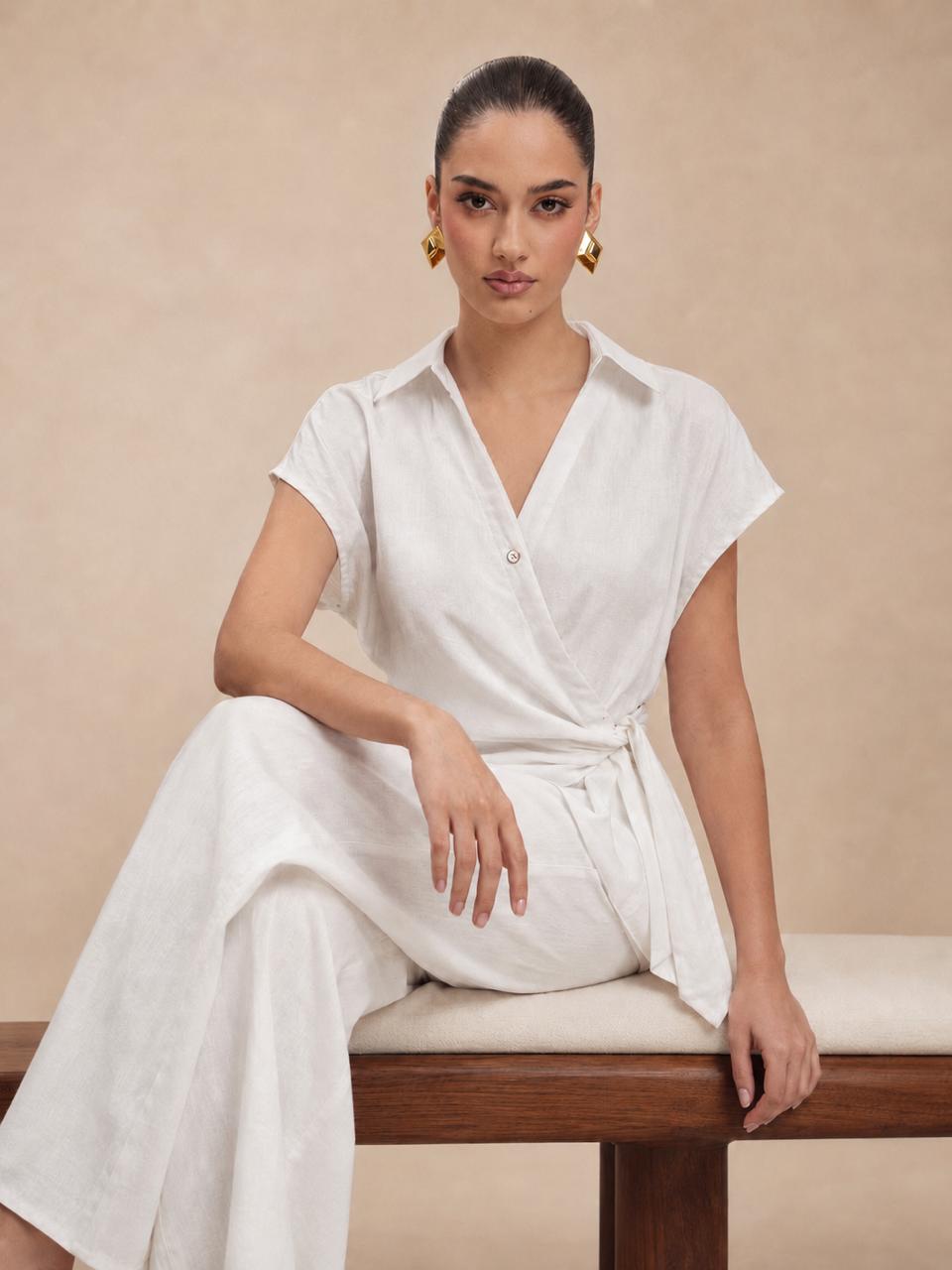 Lace-Trim Side-Tie Wrap Top & Wide-Leg Trousers White Linen Set