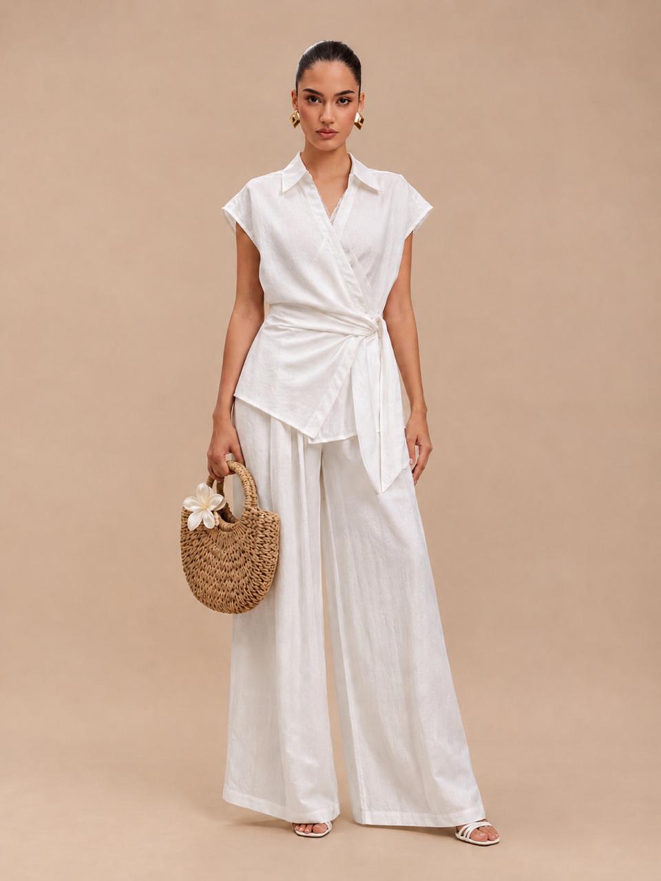 Lace-Trim Side-Tie Wrap Top & Wide-Leg Trousers White Linen Set