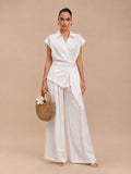 Lace-Trim Side-Tie Wrap Top & Wide-Leg Trousers White Linen Set