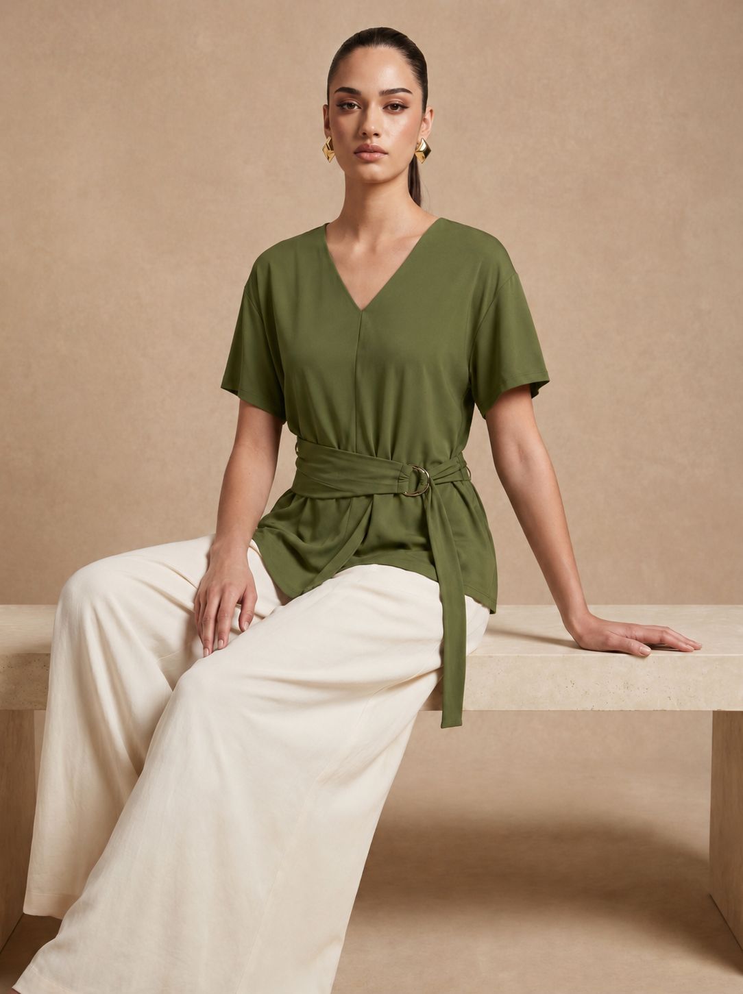 D-Ring Belted Olive Top & Wide-Leg Cream Trousers Set