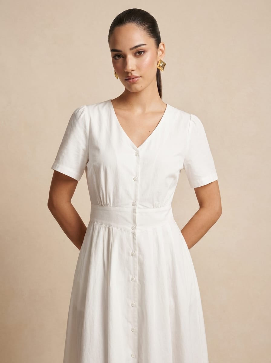 Button-Front V-Neck Linen White Midi Dress