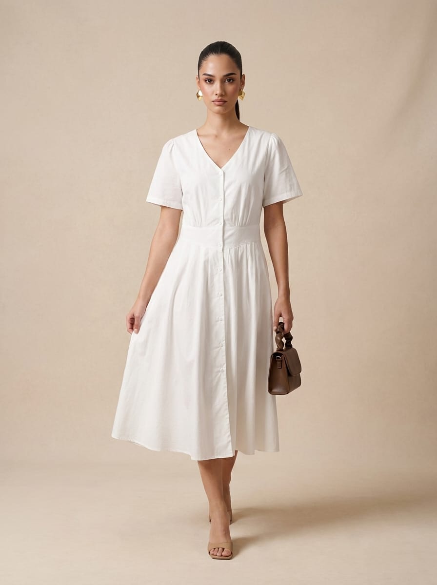 Button-Front V-Neck Linen White Midi Dress
