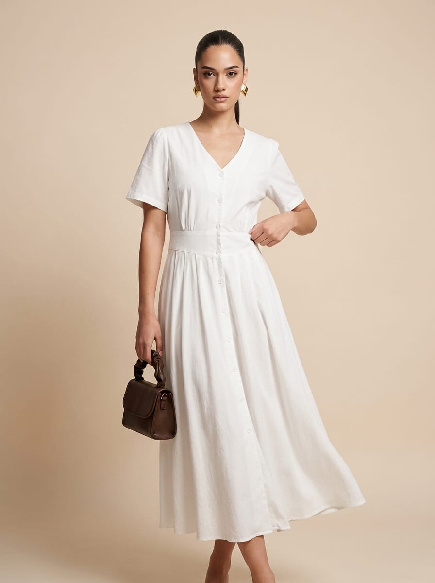 Button-Front V-Neck Linen White Midi Dress