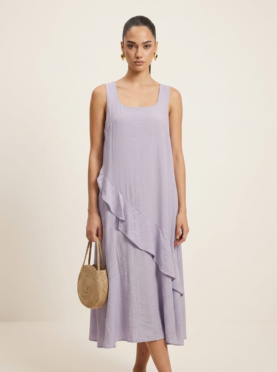 Asymmetric Ruffle Lavender Midi Dress