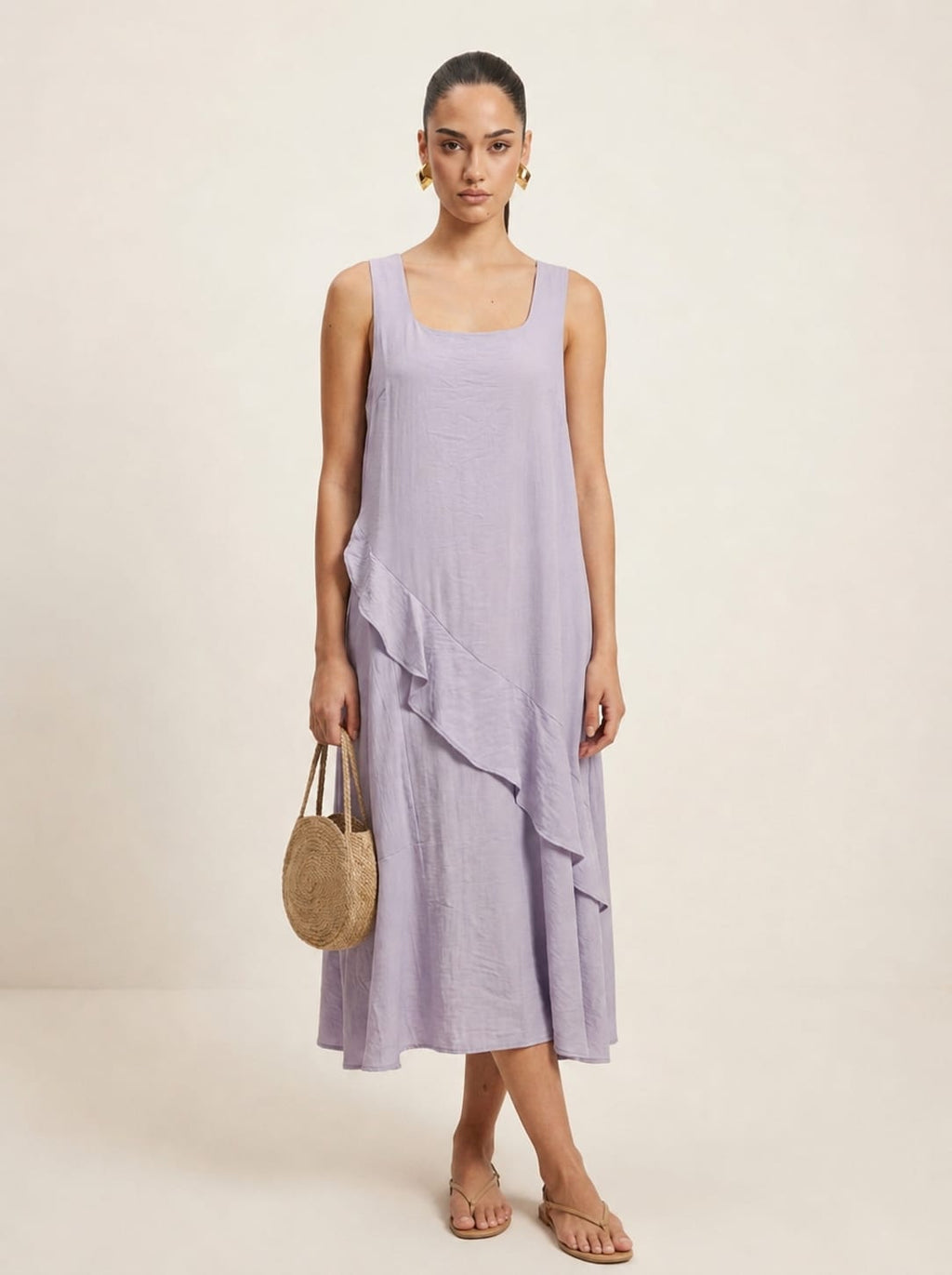 Asymmetric Ruffle Lavender Midi Dress