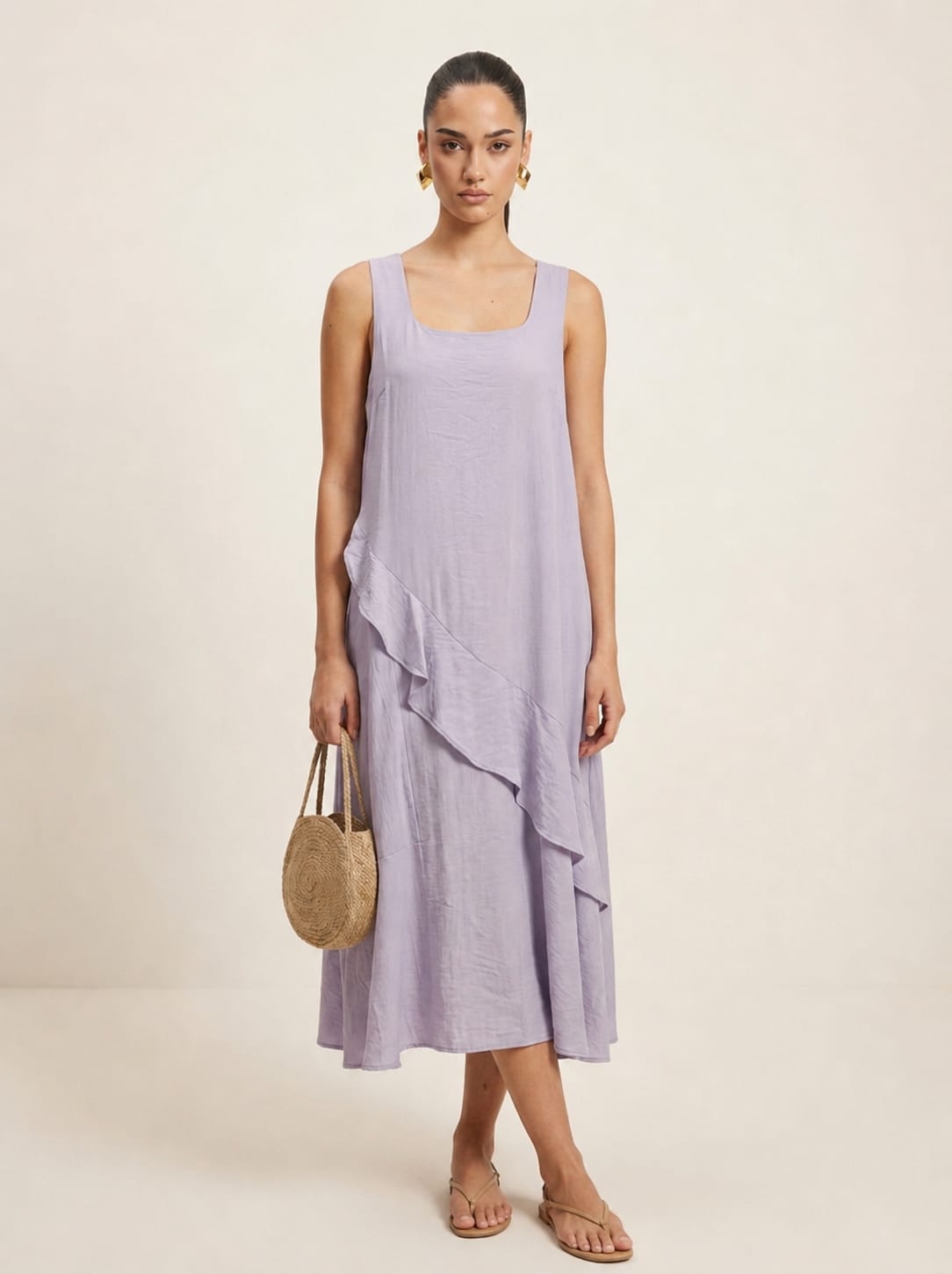 Asymmetric Ruffle Lavender Midi Dress