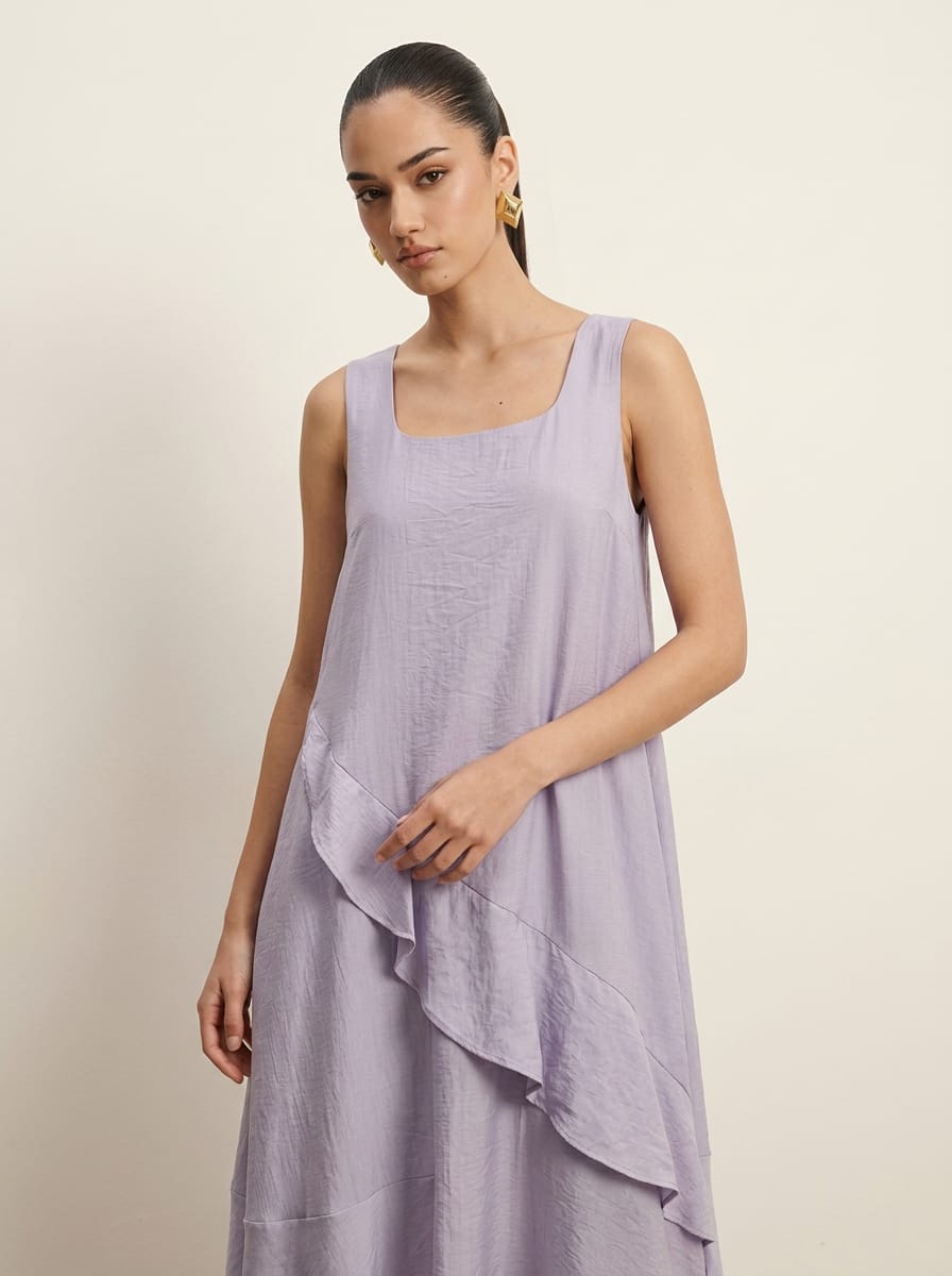 Asymmetric Ruffle Lavender Midi Dress