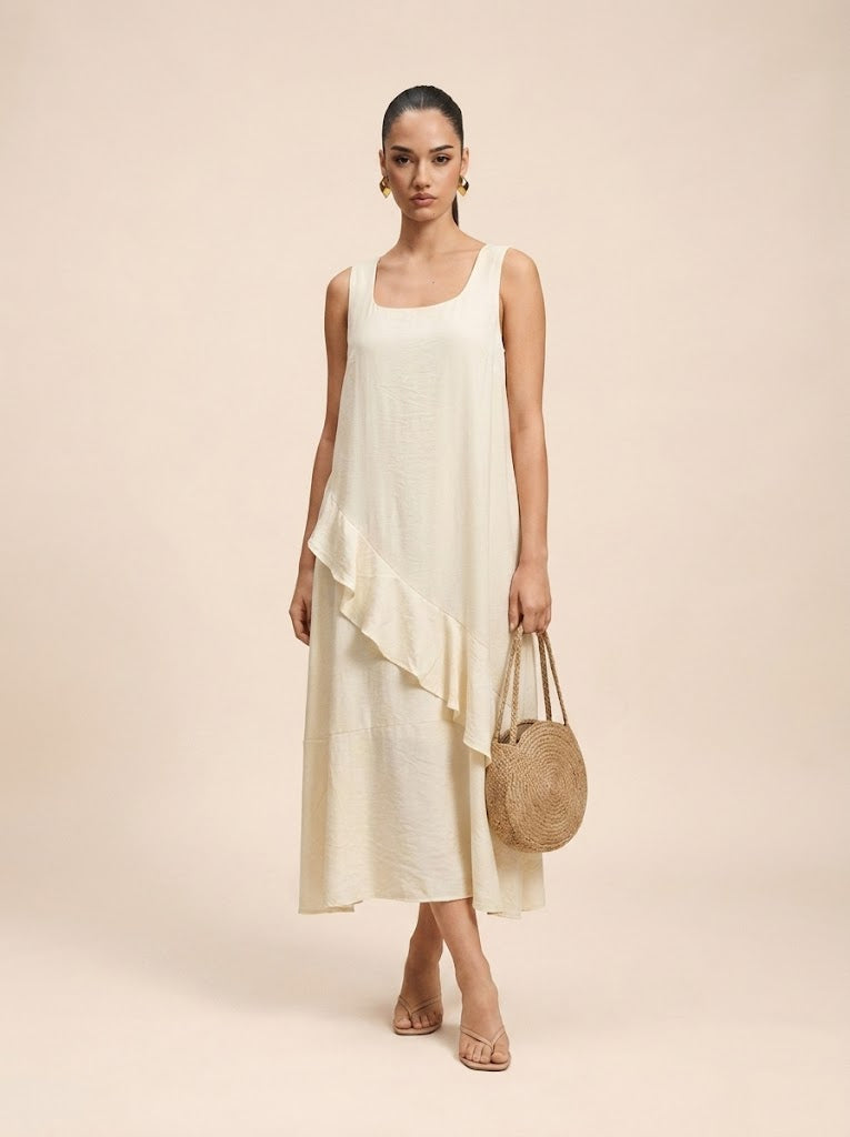 Asymmetric Ruffle milky white Midi Dress