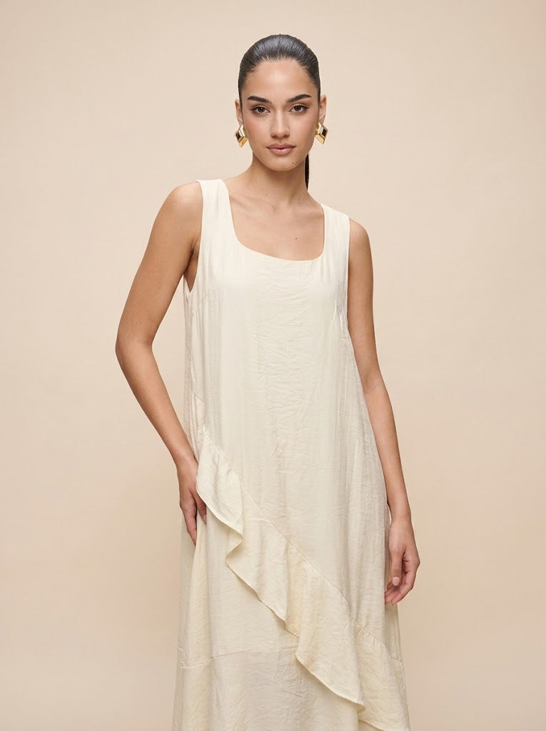 Asymmetric Ruffle milky white Midi Dress