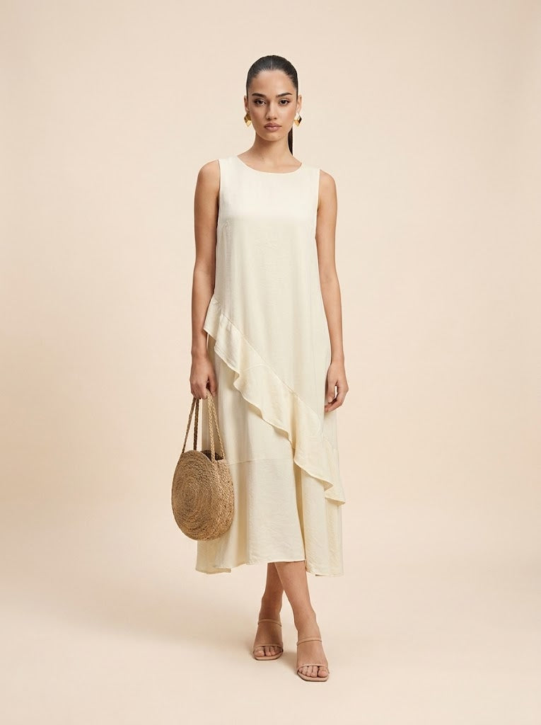 Asymmetric Ruffle milky white Midi Dress