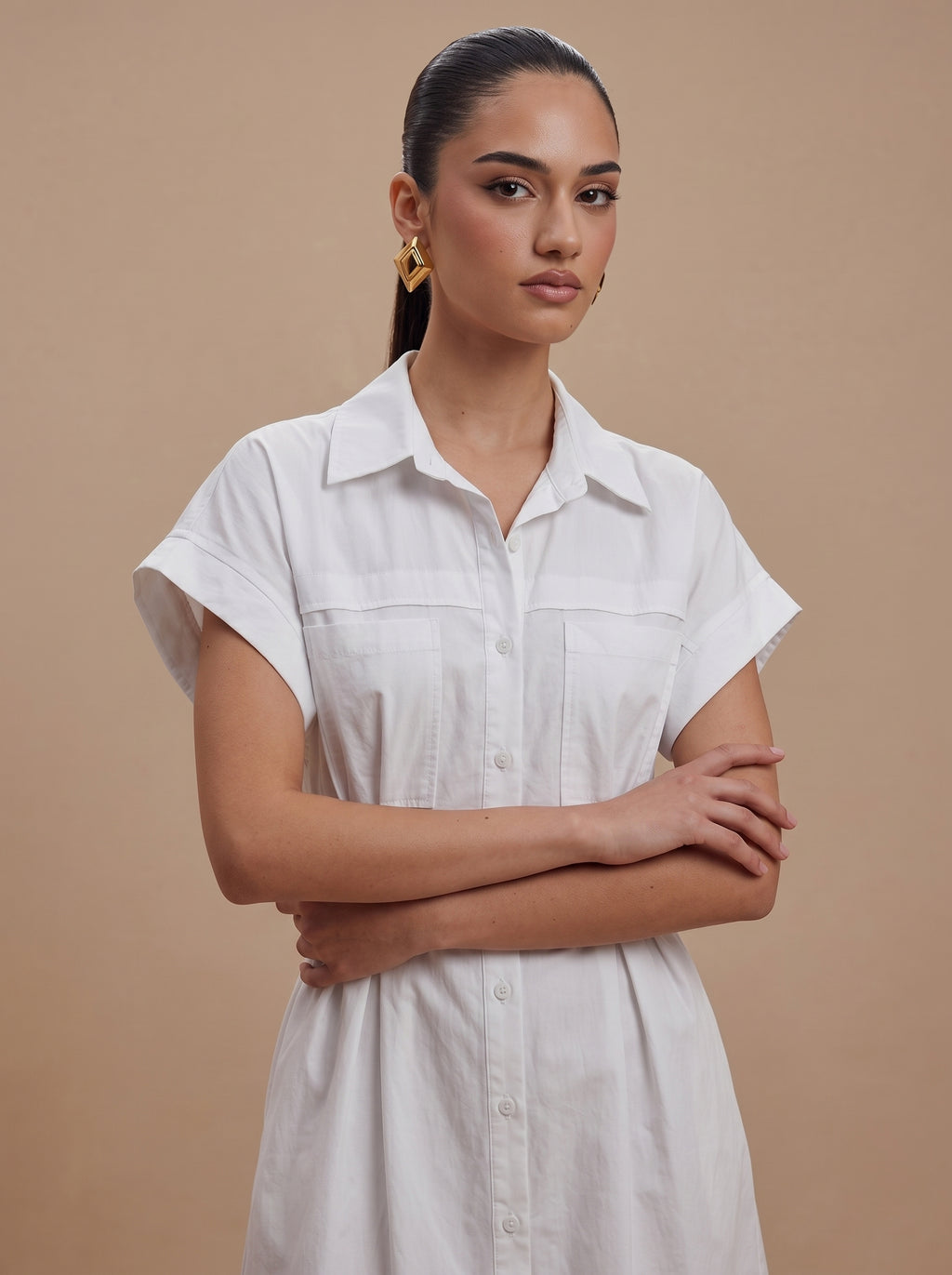 Utility Pocket Belted Off-White Shirt Dress