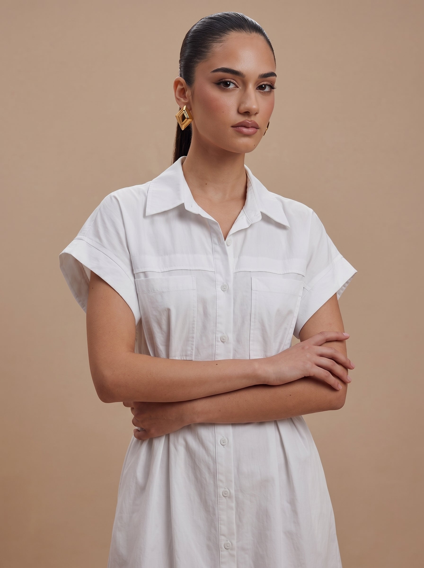 Utility Pocket Belted Off-White Shirt Dress