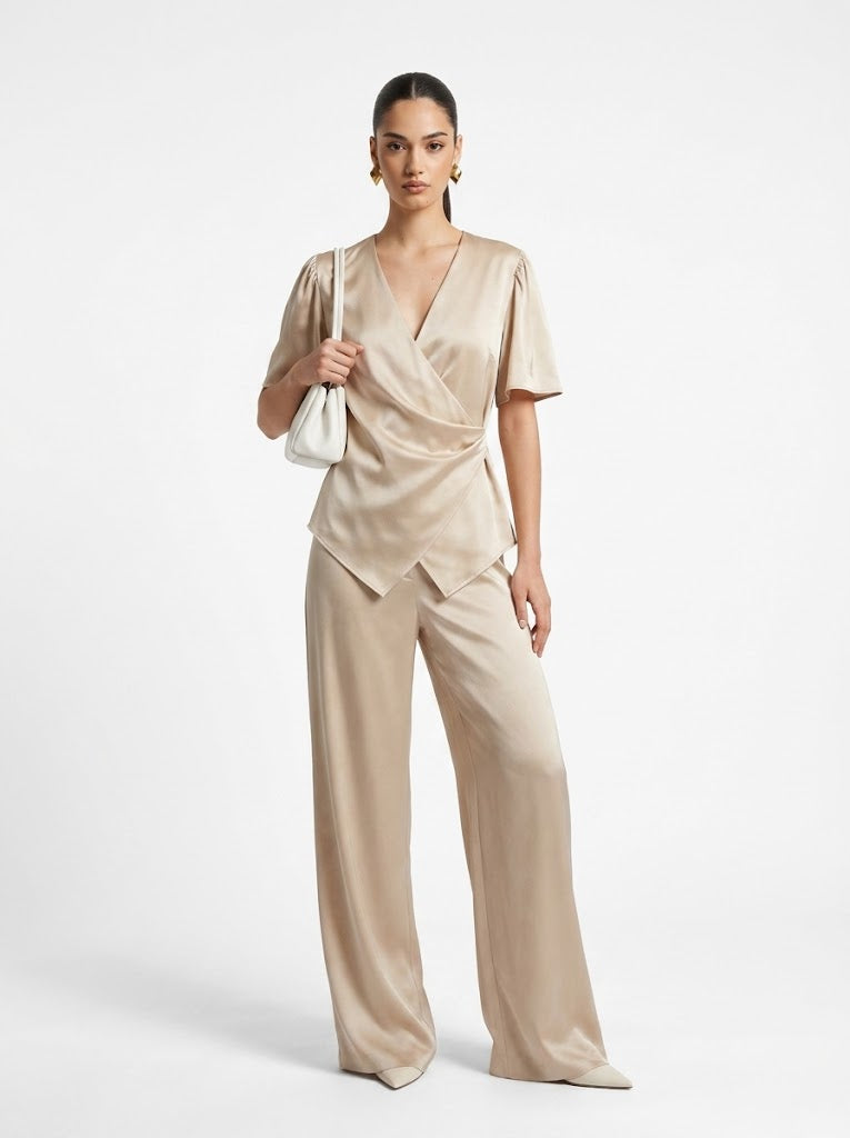Satin Wrap Top & Wide-Leg Trousers Champagne Gold Co-ord Set
