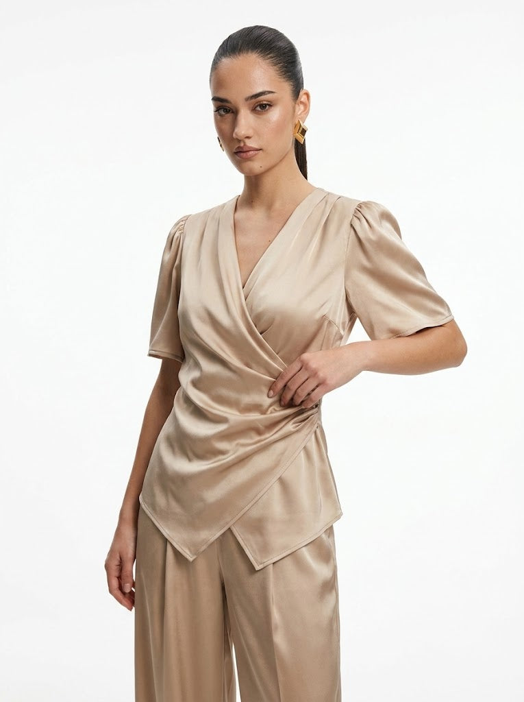 Satin Wrap Top & Wide-Leg Trousers Champagne Gold Co-ord Set