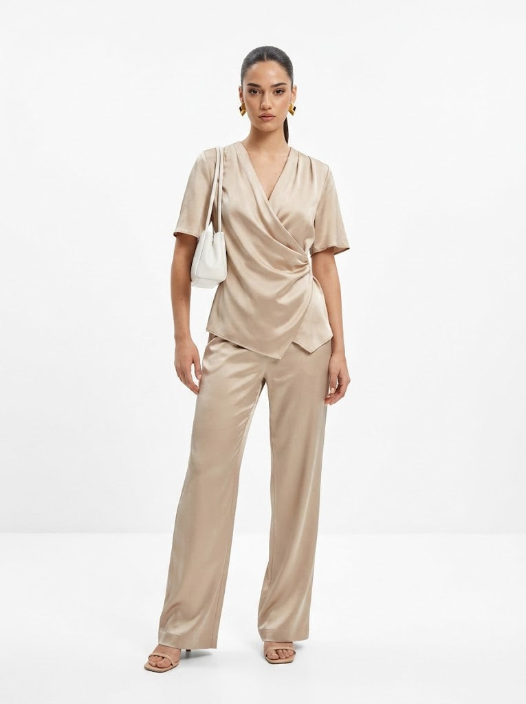 Satin Wrap Top & Wide-Leg Trousers Champagne Gold Co-ord Set