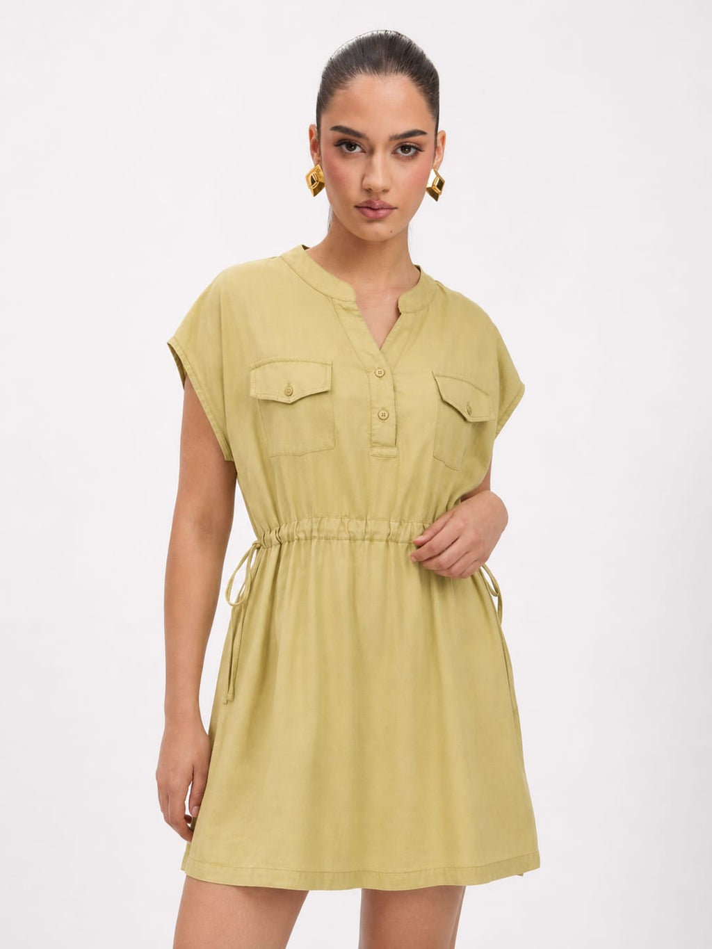 Drawstring Utility Pocket Mint Green Linen Mini Dress