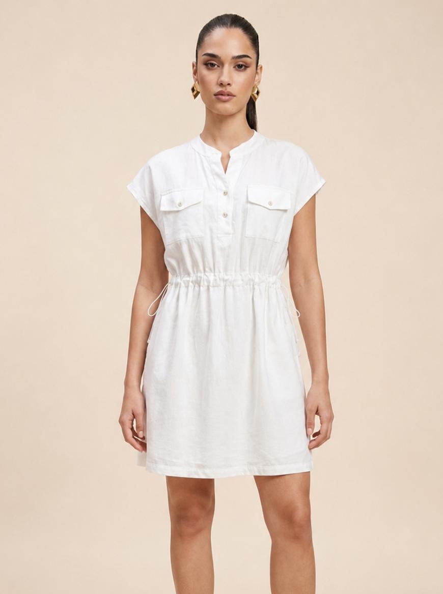 Drawstring Utility Pocket Cream Linen Mini Dress