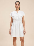 Drawstring Utility Pocket Cream Linen Mini Dress