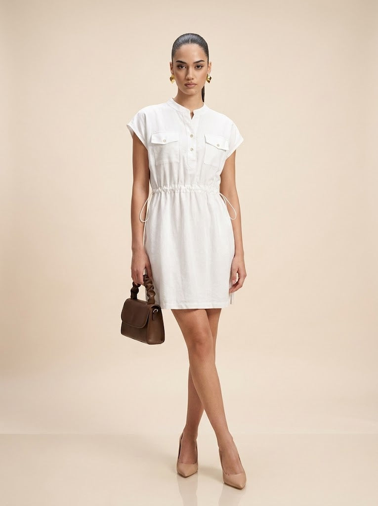 Drawstring Utility Pocket Cream Linen Mini Dress