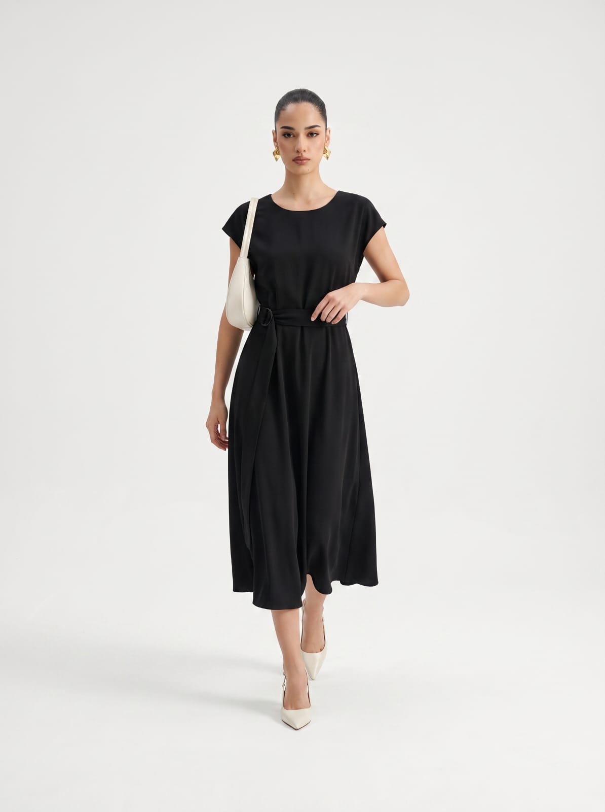 Belted BLACK Cap-Sleeve Midi Dress