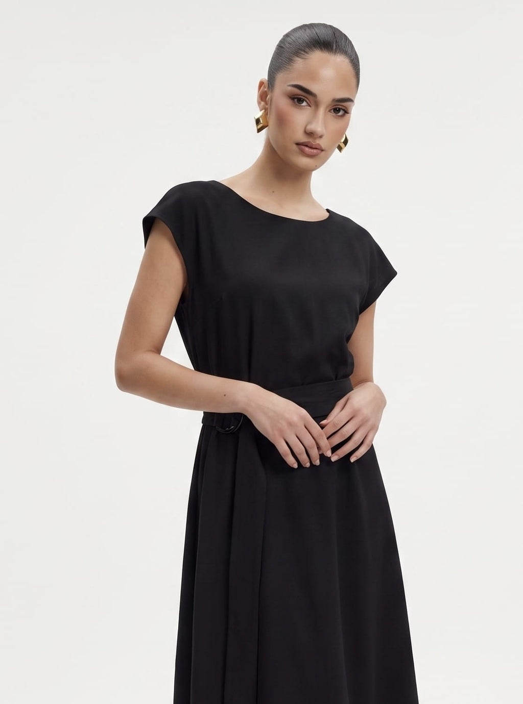 Belted BLACK Cap-Sleeve Midi Dress