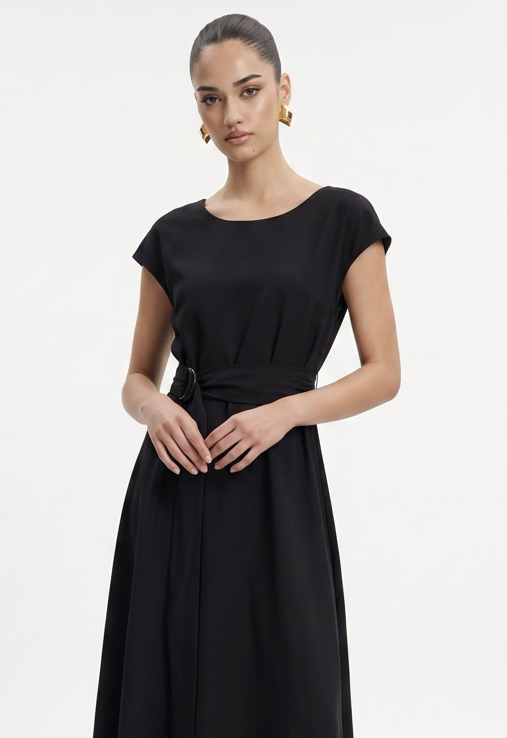 Belted BLACK Cap-Sleeve Midi Dress