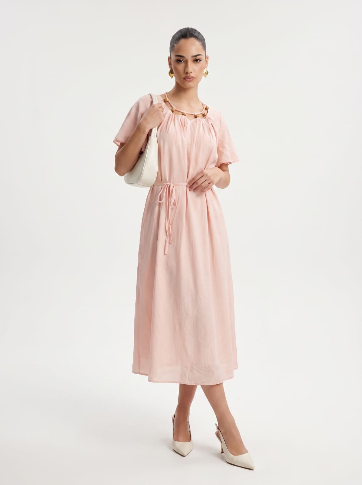 Beaded Neckline Flutter Sleeve BABY PINK Midi Dress