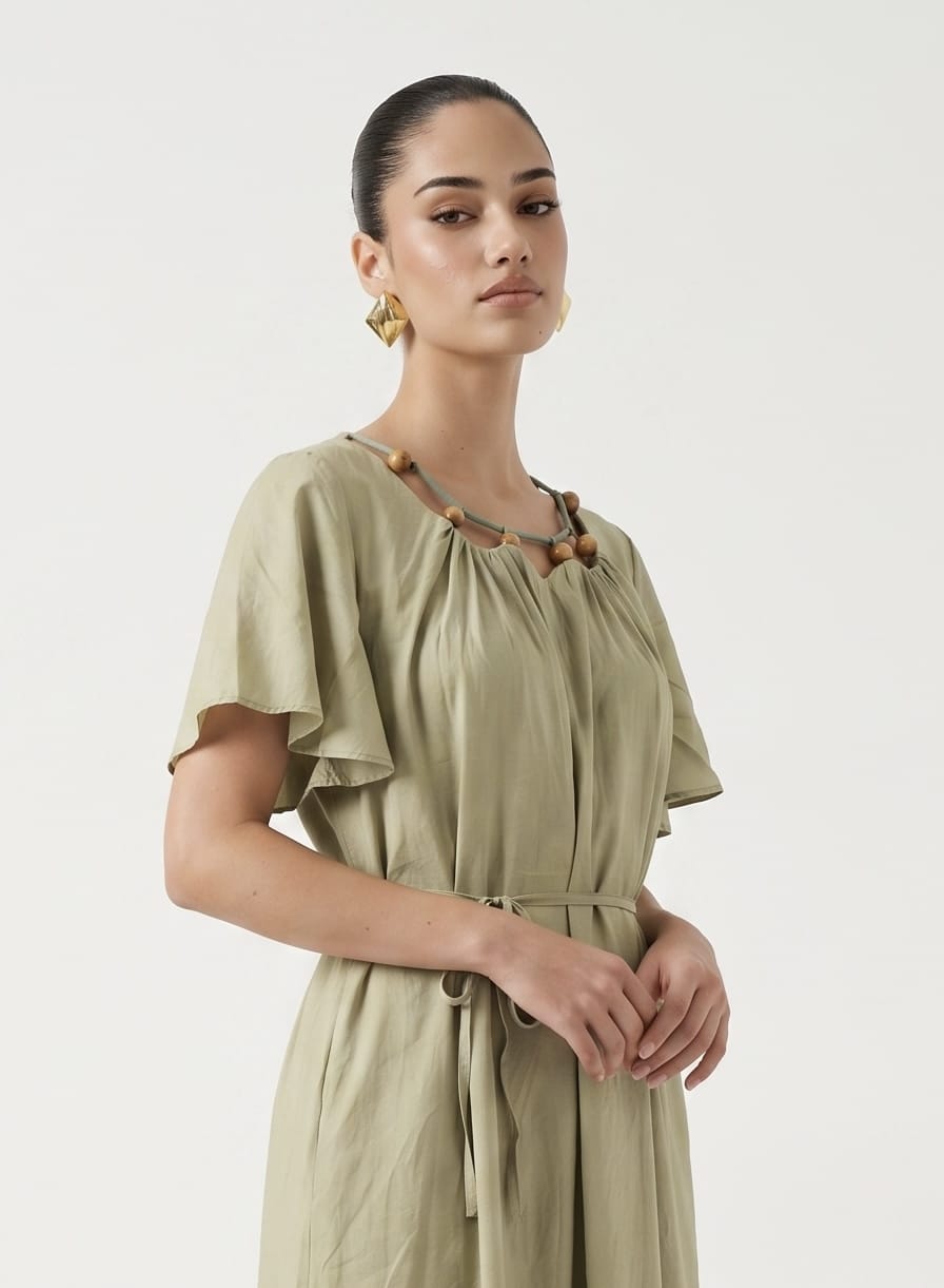 Beaded Neckline Flutter Sleeve Sage Green Midi Dress