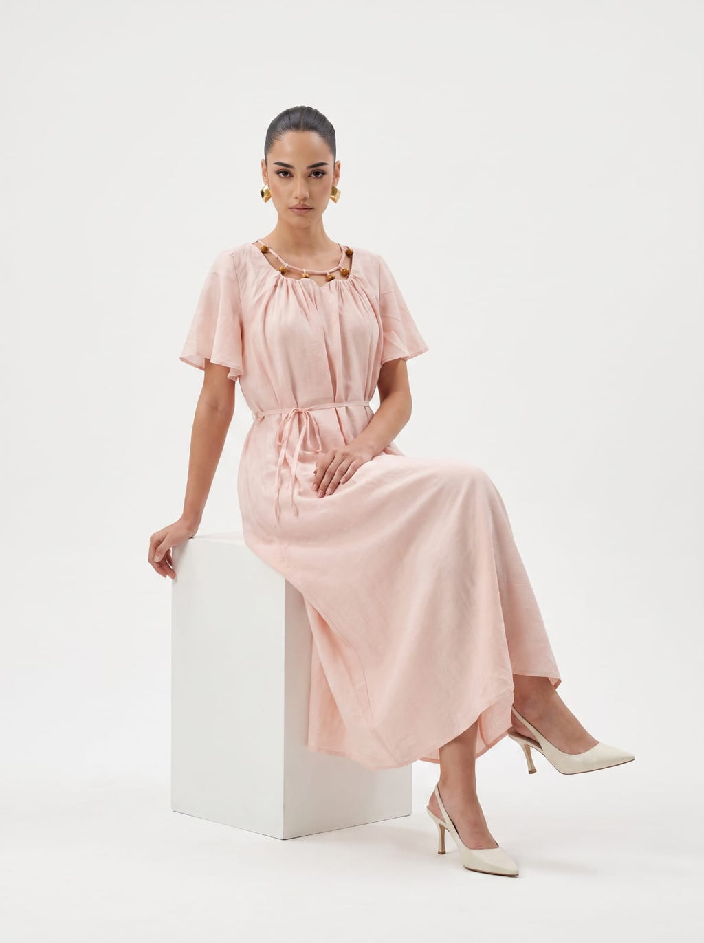 Beaded Neckline Flutter Sleeve BABY PINK Midi Dress