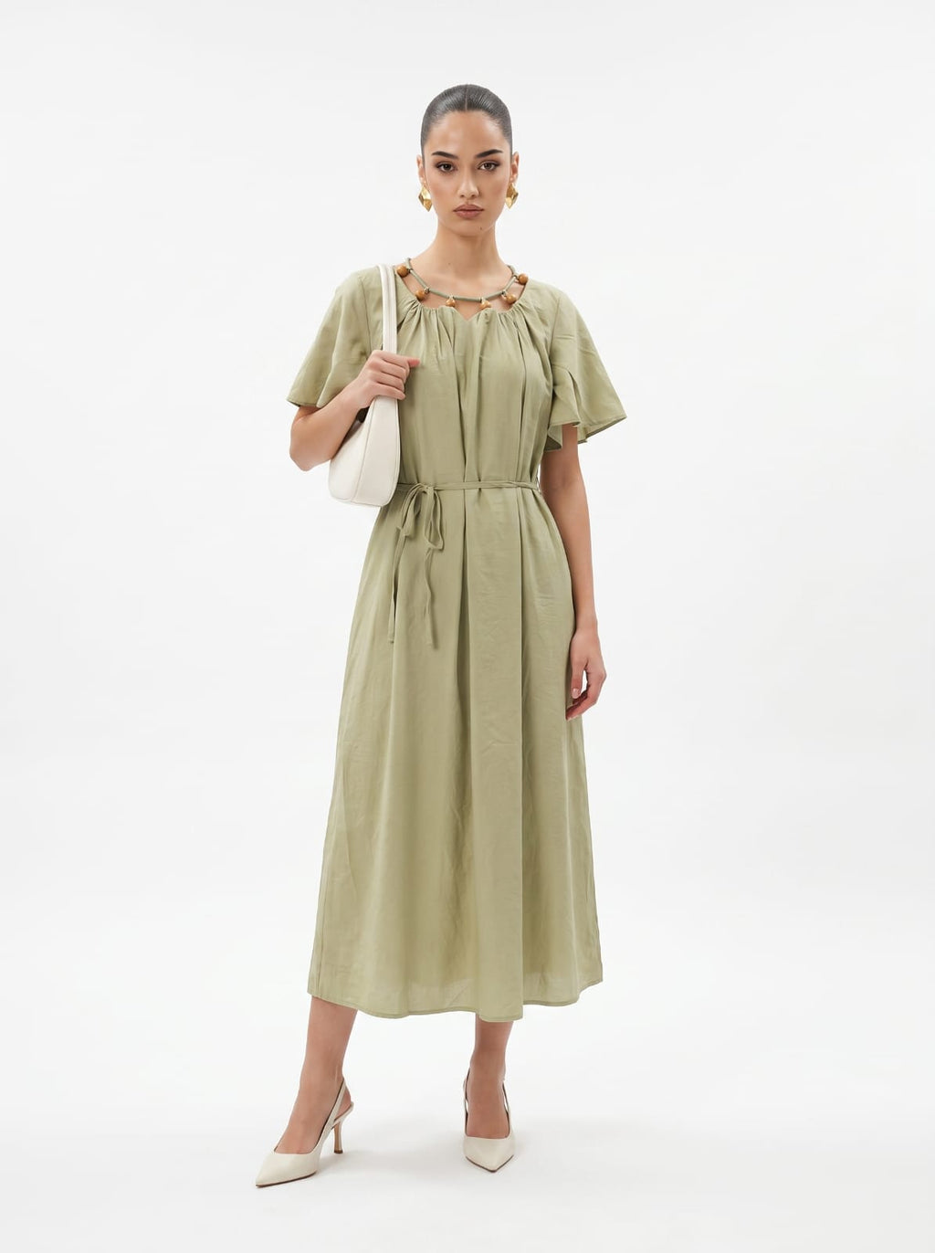 Beaded Neckline Flutter Sleeve Sage Green Midi Dress