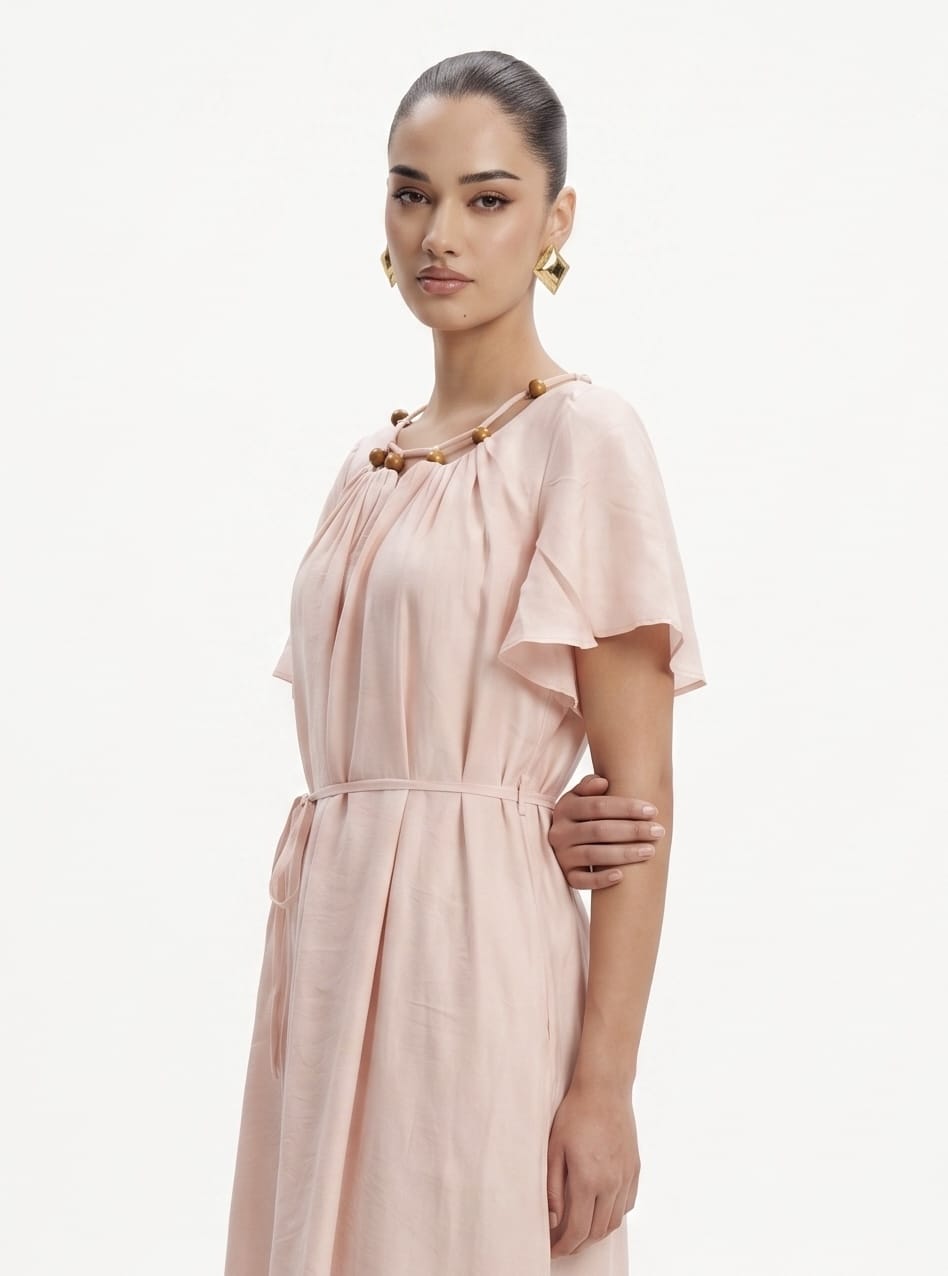 Beaded Neckline Flutter Sleeve BABY PINK Midi Dress