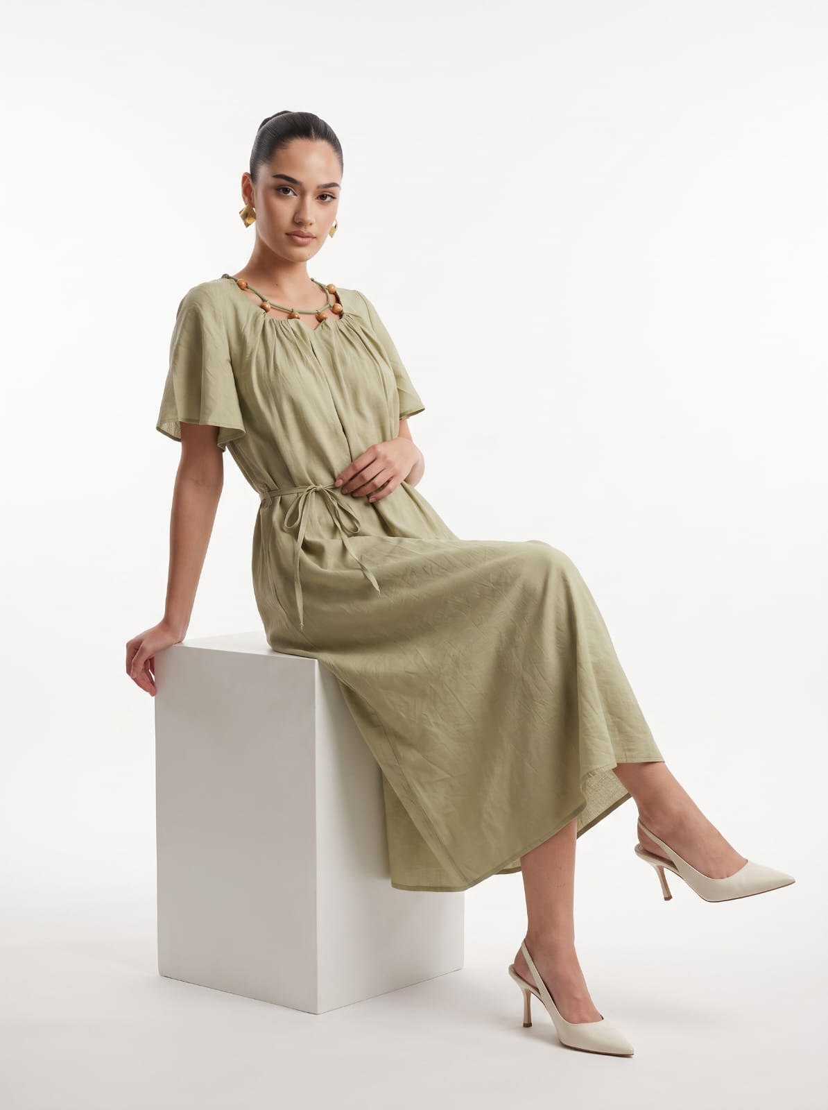 Beaded Neckline Flutter Sleeve Sage Green Midi Dress