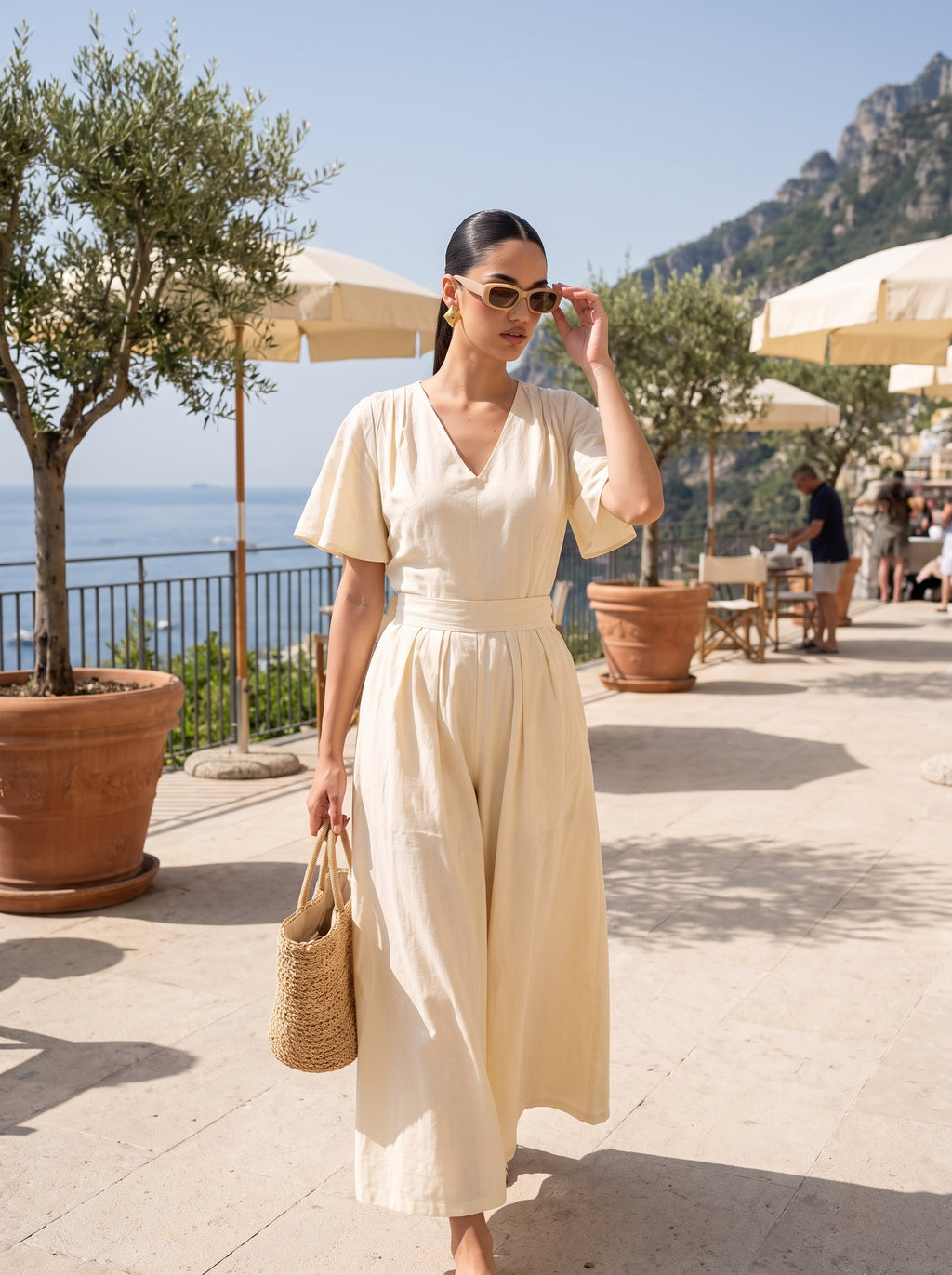 Textured Crinkle V-Neck Flutter Sleeve Midi Dress