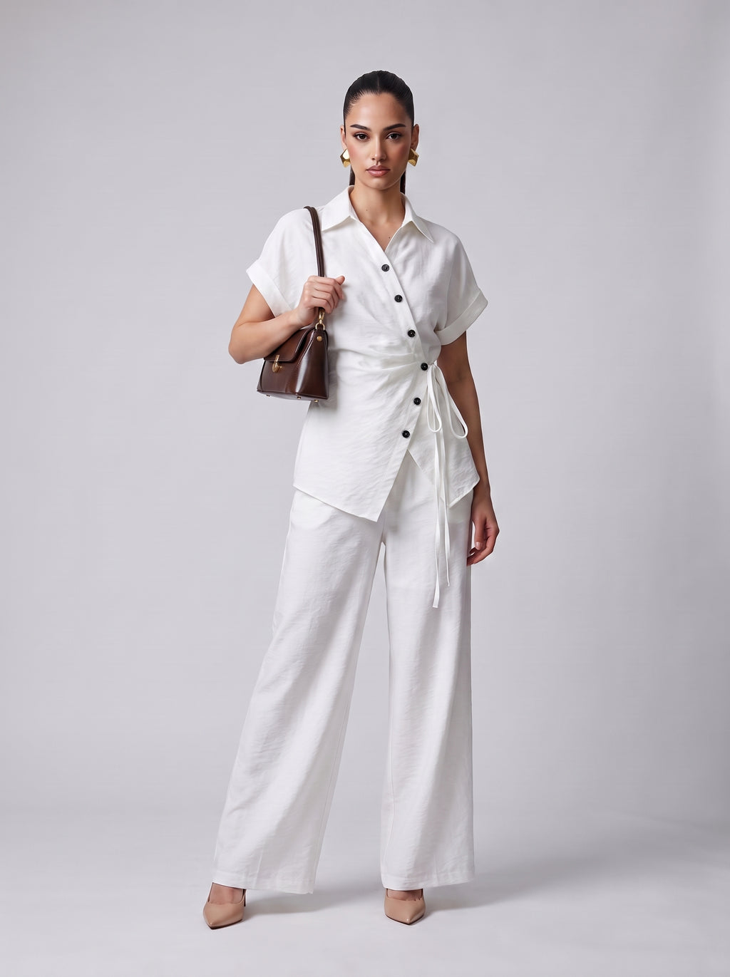 Side-Tie Wrap Shirt & Wide-Leg Trousers white Co-ord Set